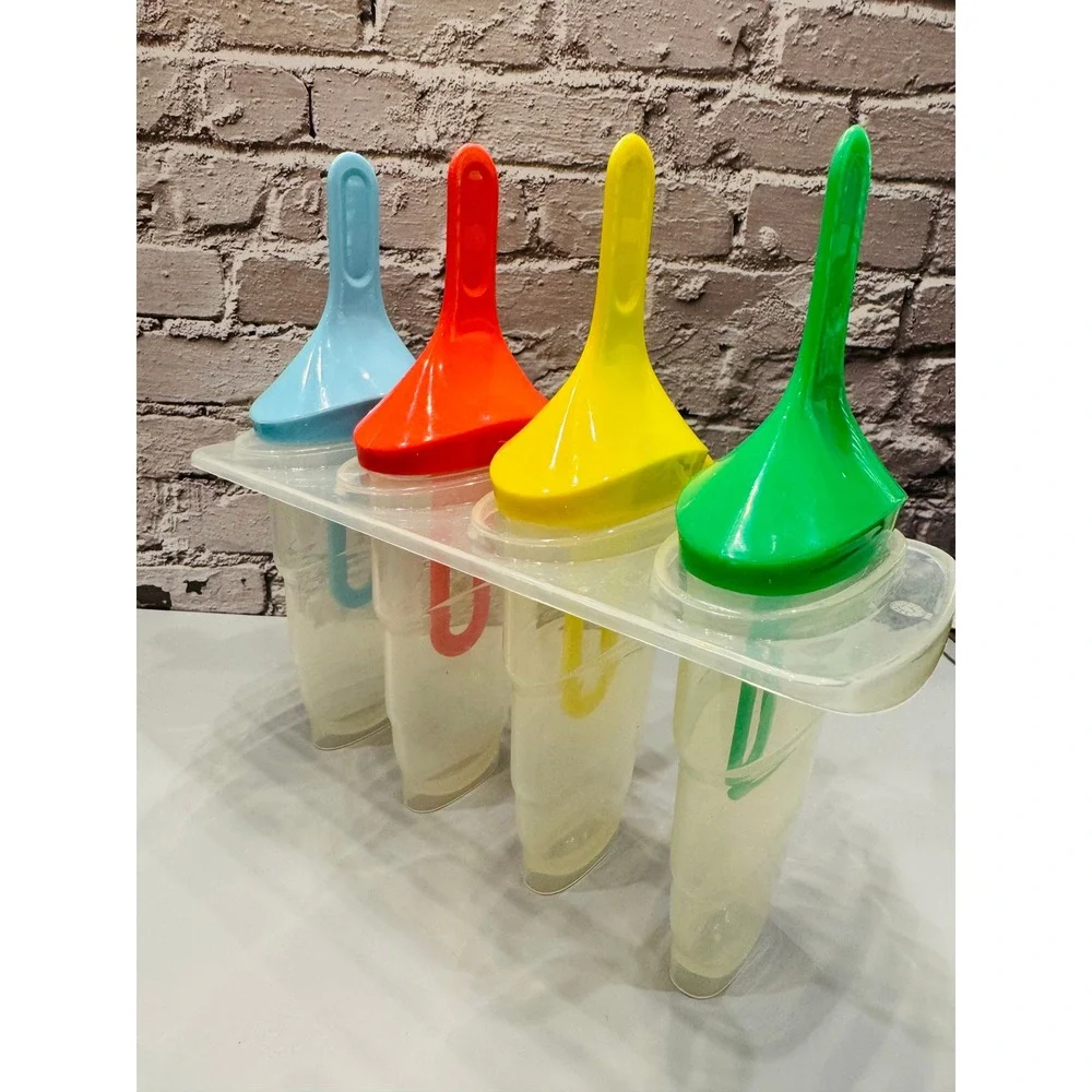 Vintage‎ 4 Slot Popsicle Mold Set Ice Pop Maker Colored Handles Complete Retro
